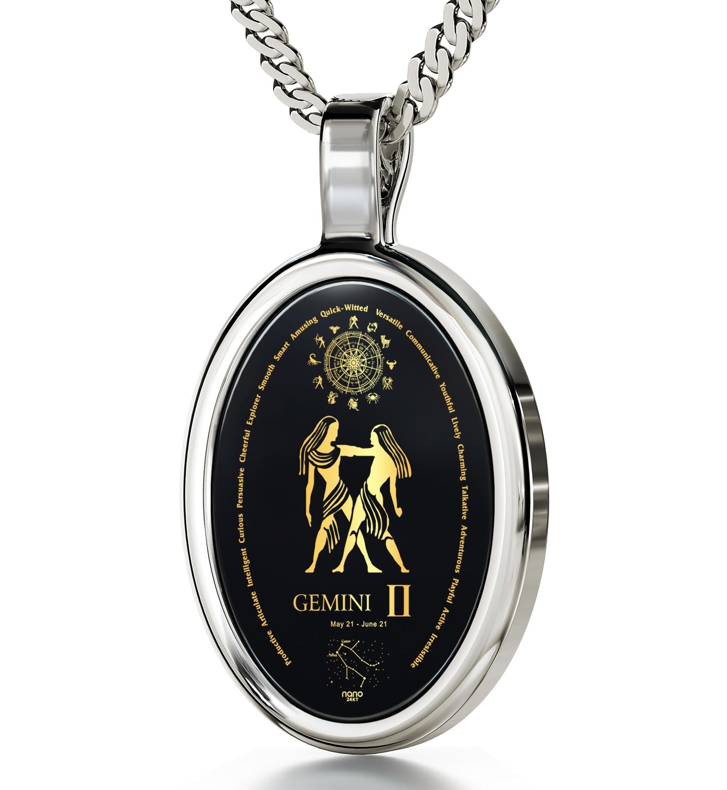 Gemini Necklace Zodiac Pendant 24k Gold Inscribed on Onyx Stone