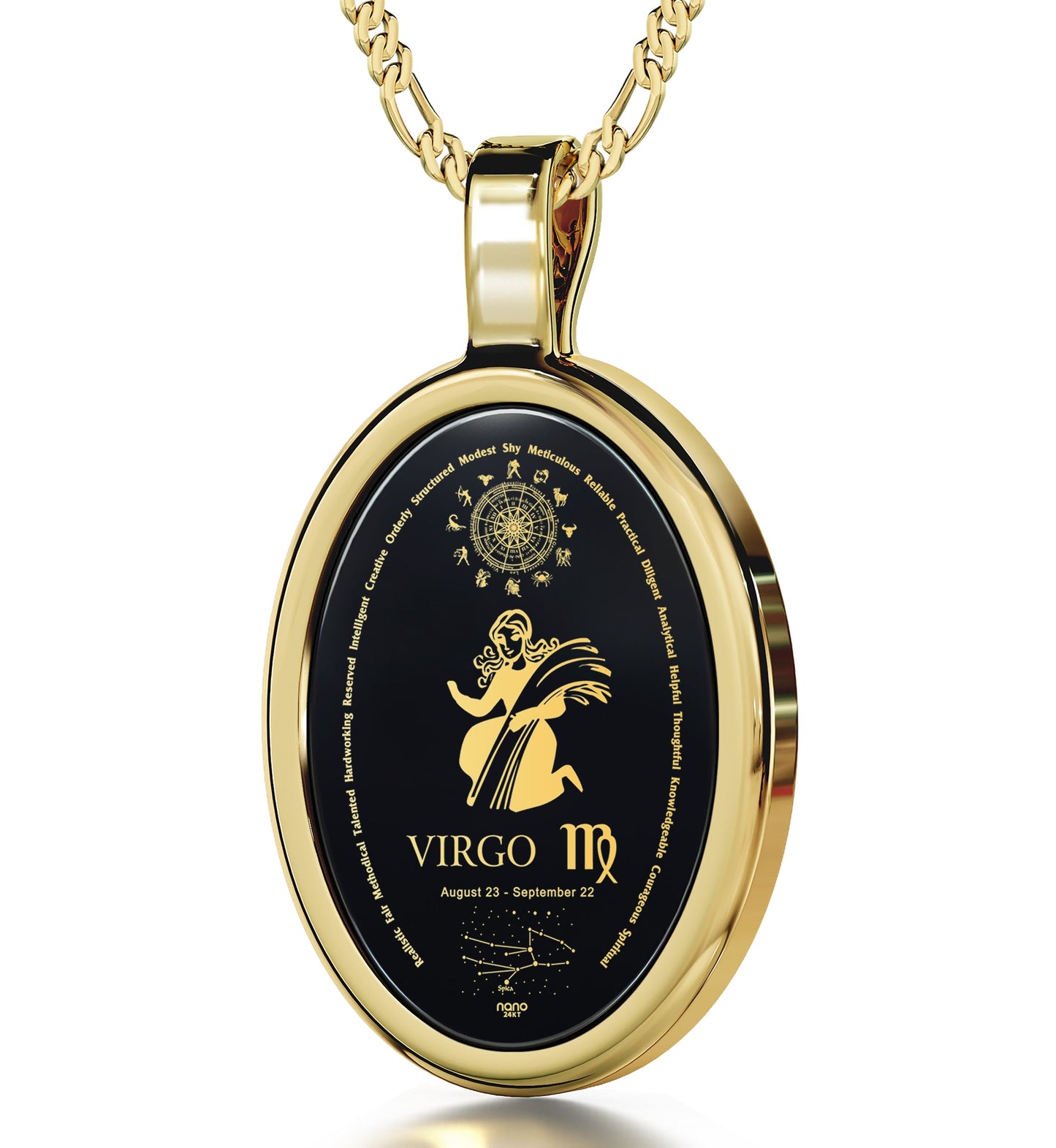 Virgo Necklace Zodiac Pendant 24k Gold Inscribed on Onyx Stone