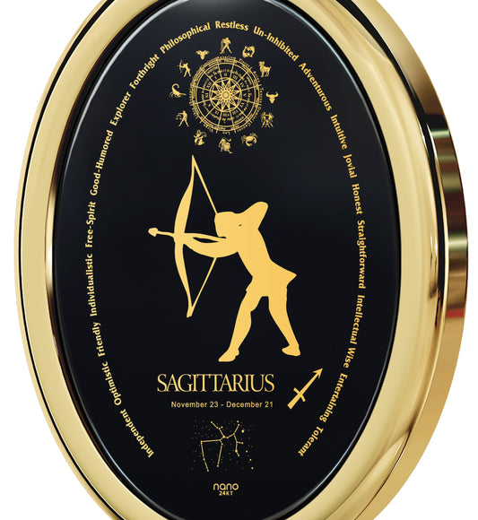 Sagittarius Necklace Zodiac Pendant 24k Gold Inscribed on Onyx Stone